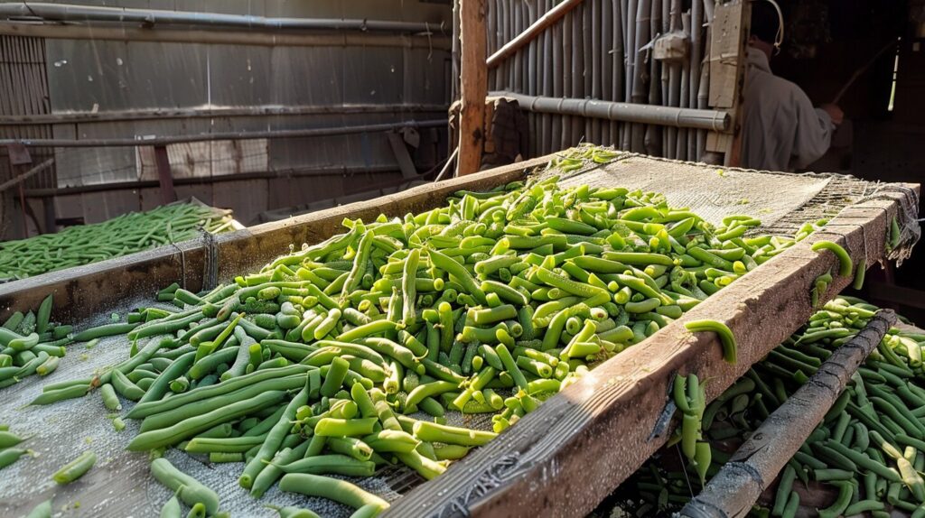 Chickens eating green beans in a farmyard.