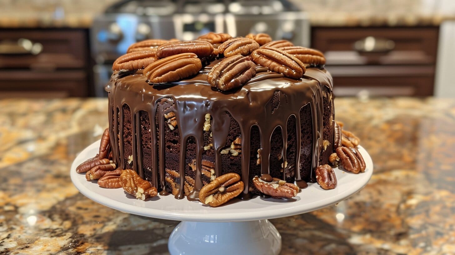 Rich chocolate whiskey cake with caramel drizzle and pecan topping.