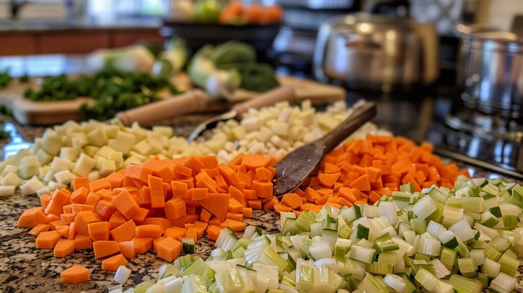 Chopped vegetables including carrots, leeks, and potatoes on a kitchen counter.