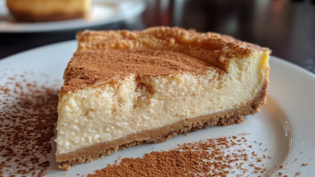 A slice of churro cheesecake with a spiced sugar crust and creamy filling, garnished with cinnamon and sugar sprinkles.