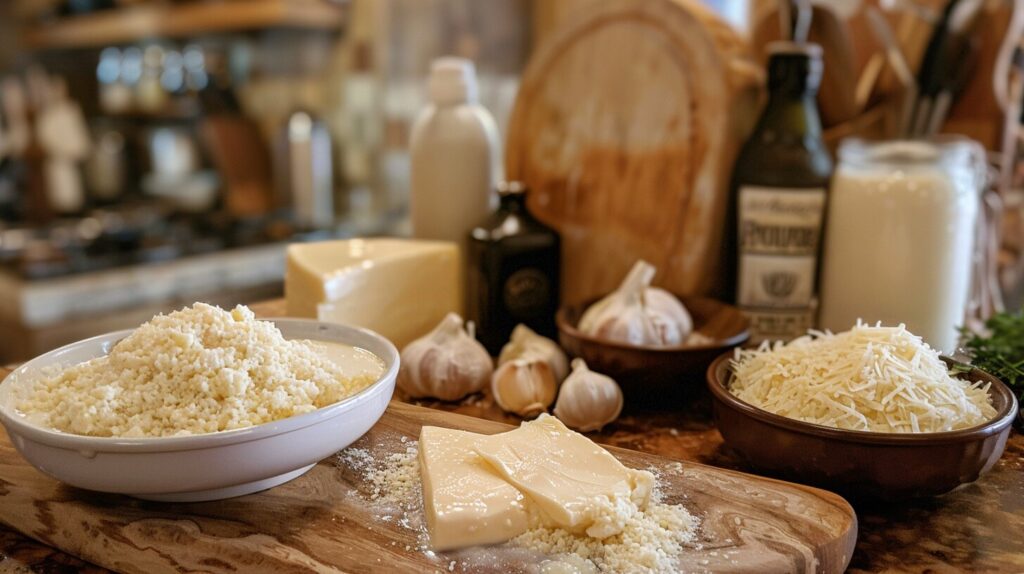 Traditional Alfredo sauce ingredients on a countertop.