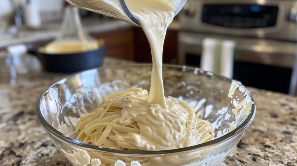 Alfredo Sauce being poured over fettuccine pasta.