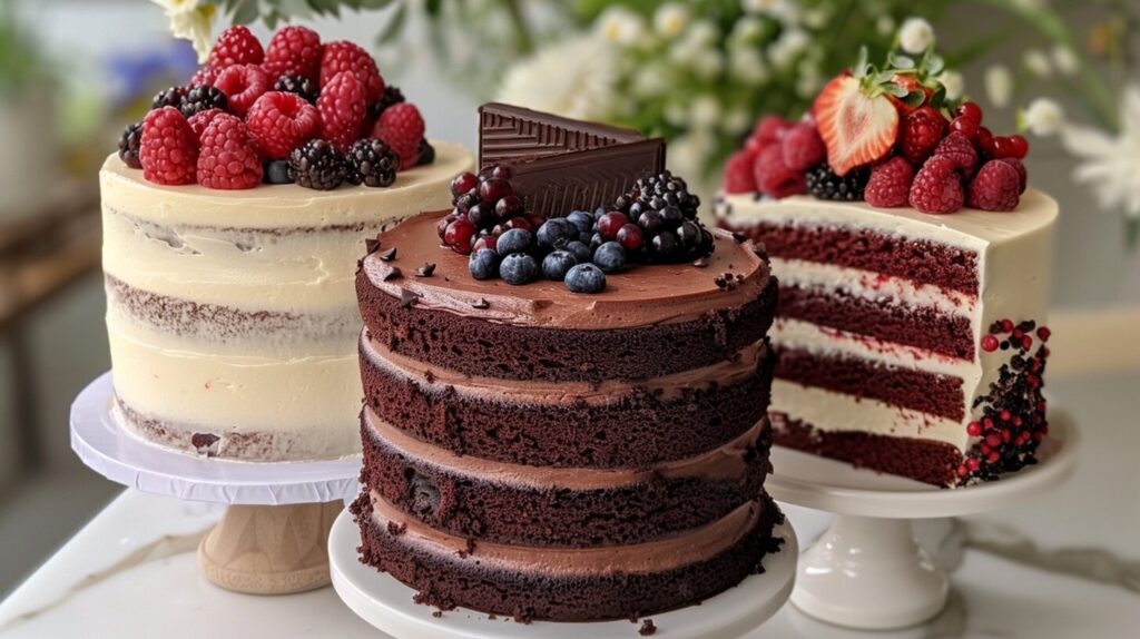 A display of three classic birthday cakes: a rich chocolate cake, a vanilla sponge cake adorned with berries, and a red velvet cake with cream cheese frosting.