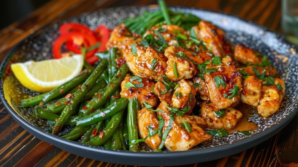 Chicken and green beans on a plate with garnishes.