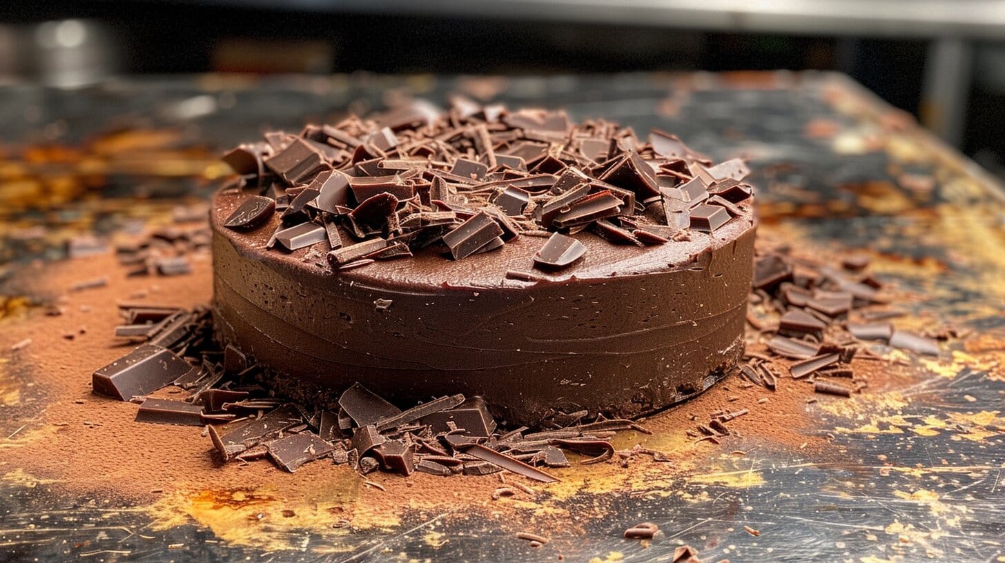 Chocolate cake with ganache and chocolate shavings.