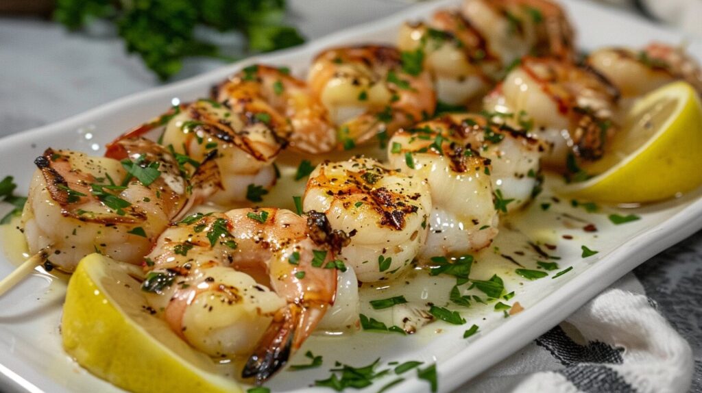 A plated dish of grilled langoustine with lemon wedges and parsley garnish.