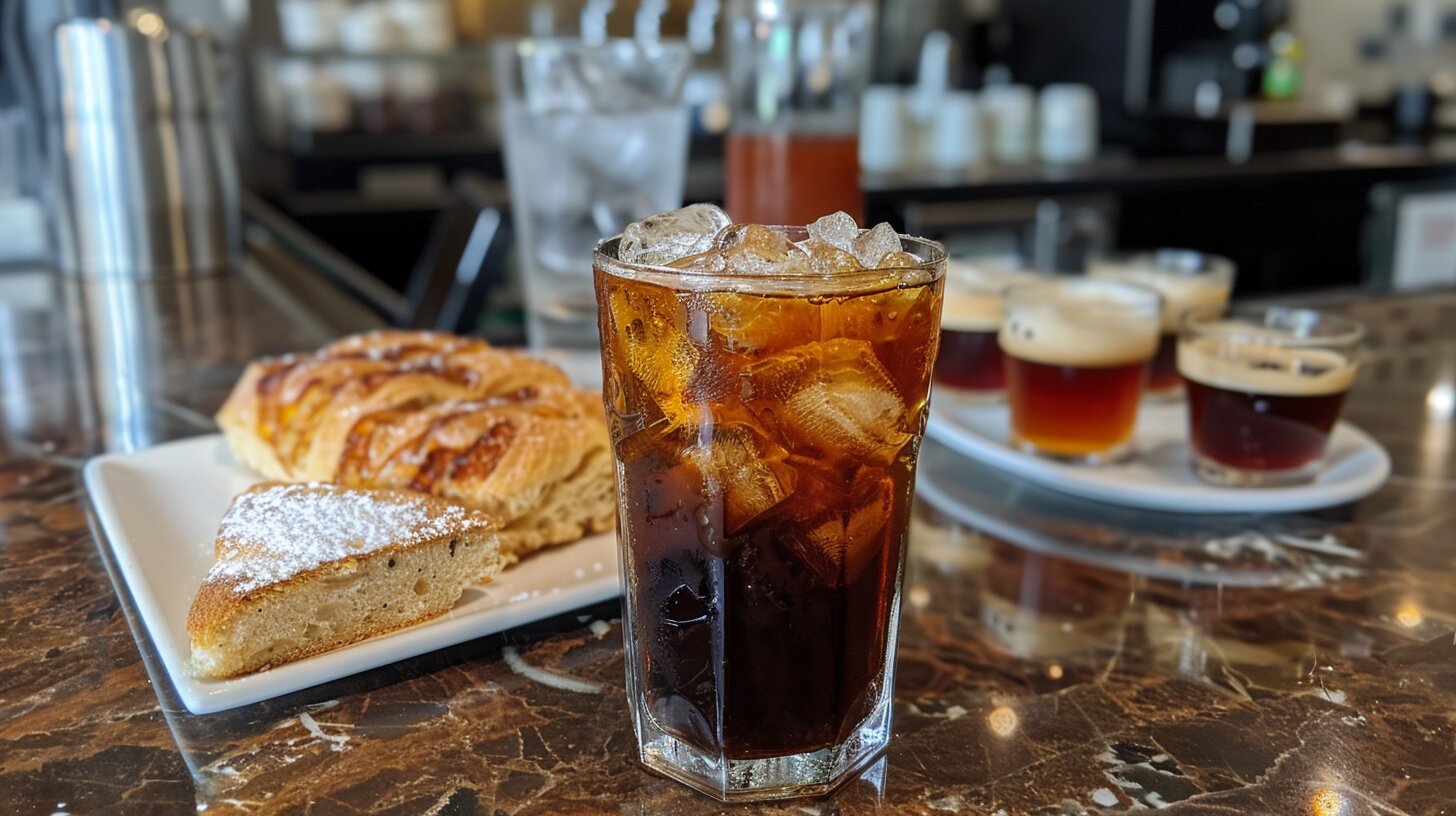 A refreshing glass of Iced Americano with espresso shots on the side