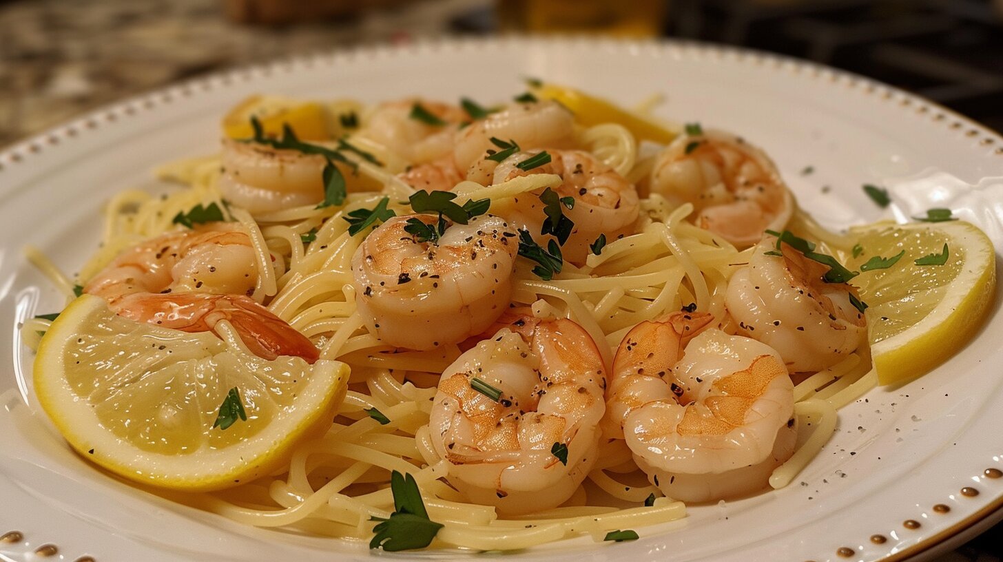 A plate of shrimp scampi garnished with parsley and lemon slices.