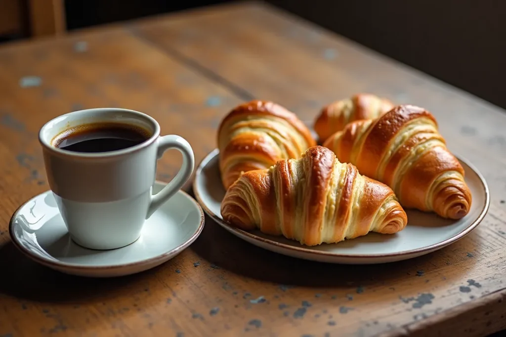 Cup of coffee with a plate of croissants.