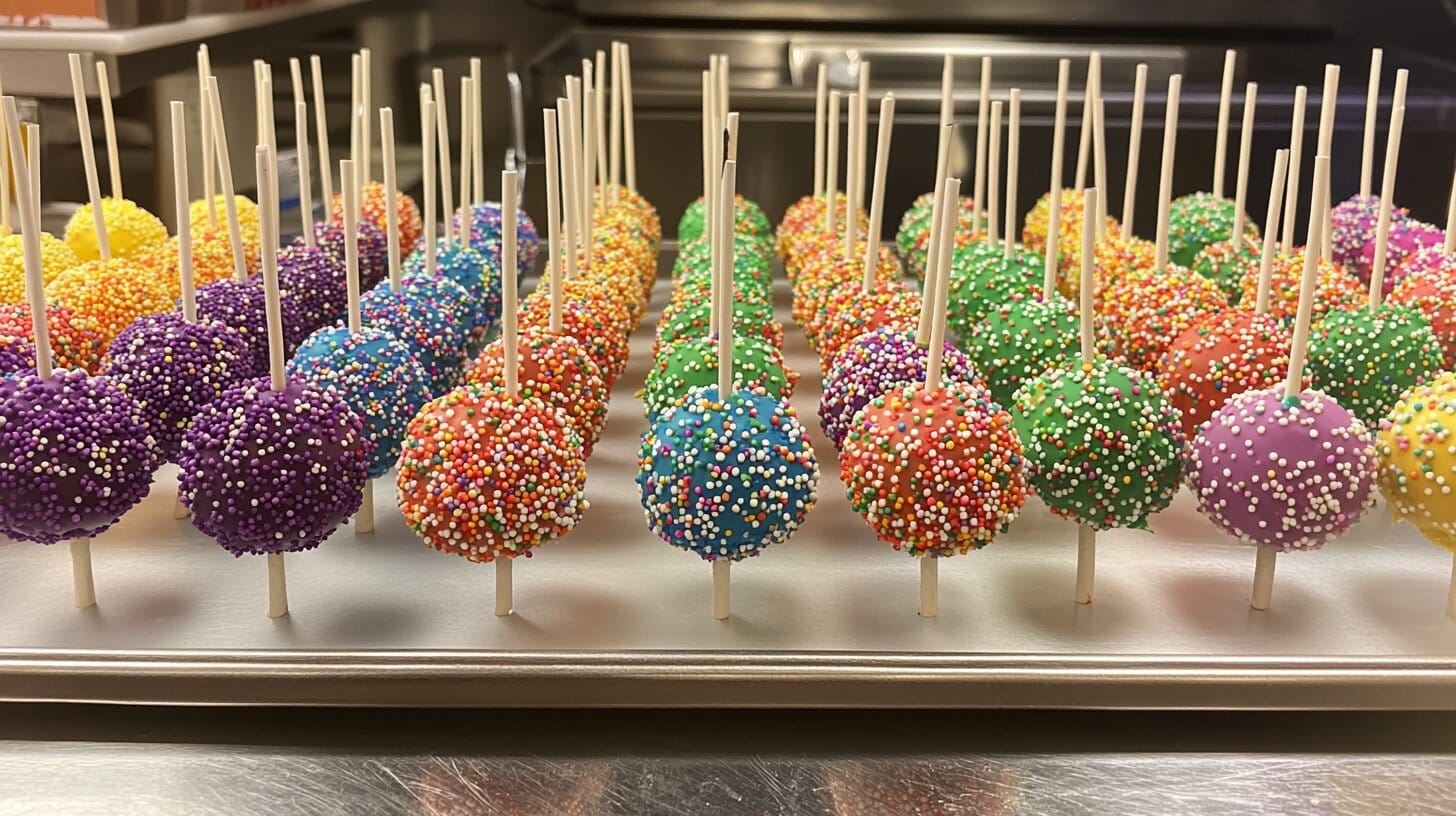 Birthday cake pops decorated with sprinkles and vibrant colors.