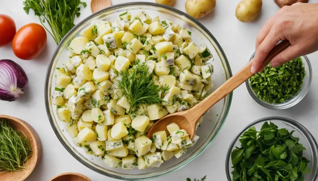 Ingredients being mixed in a bowl, including potatoes, mayonnaise, and celery.