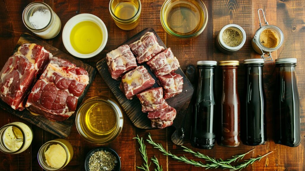 Various binder options like mustard, oil, and mayonnaise on a wooden table.