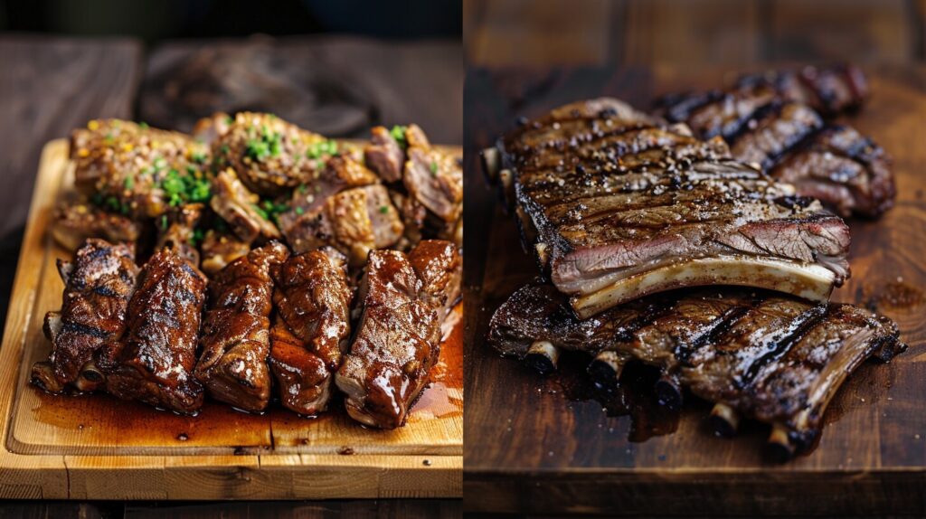 Grilled country-style beef ribs and short ribs on a wooden platter.