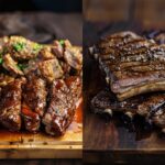 Grilled country-style beef ribs and short ribs on a wooden platter.