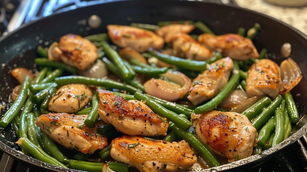 Chicken and green beans cooking in a skillet.