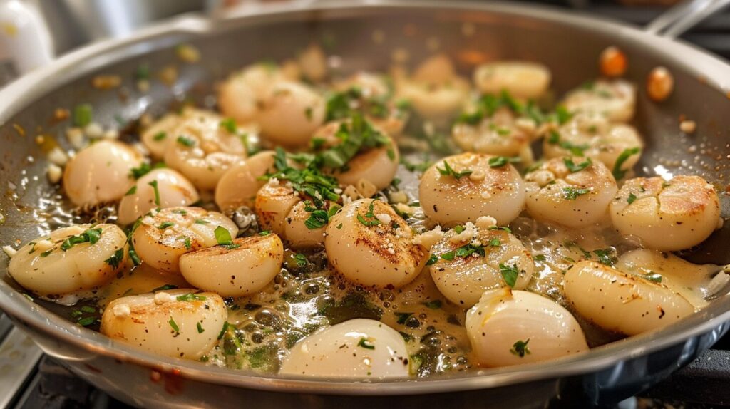 A skillet with garlic being sautéed in butter and olive oil.