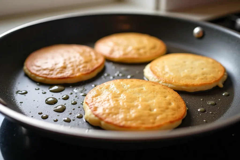 Pancakes cooking on a non-stick pan.