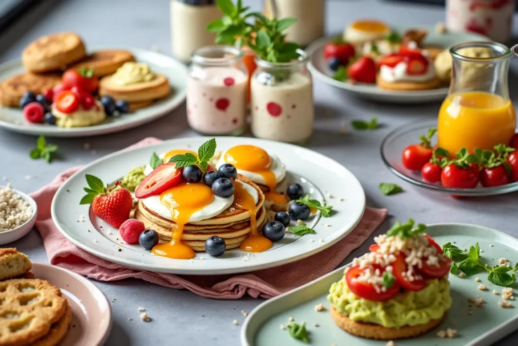 A variety of cottage cheese breakfast recipes displayed on a wooden table.