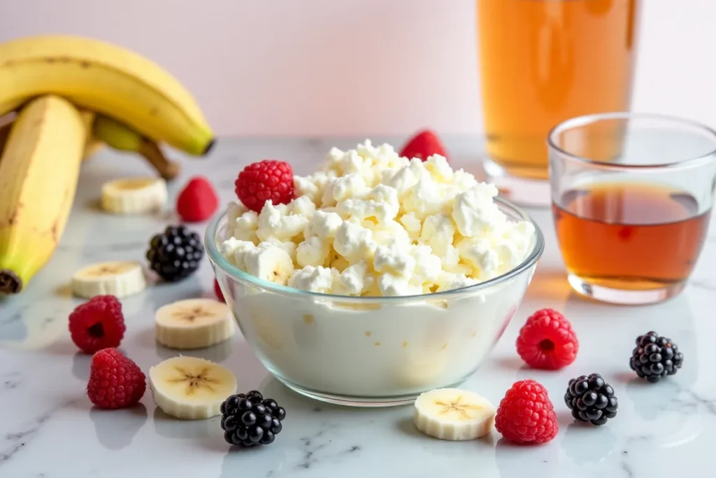 Cottage cheese served with sliced bananas and berries