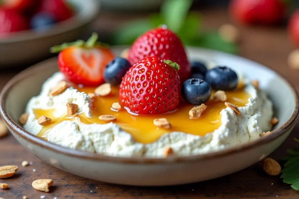 A bowl of cottage cheese with honey drizzled on top, surrounded by fresh fruits and nuts