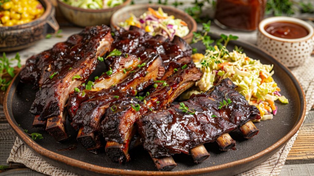 Country-style beef ribs served with coleslaw and cornbread on a rustic table.