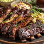 Country-style beef ribs served with coleslaw and cornbread on a rustic table.