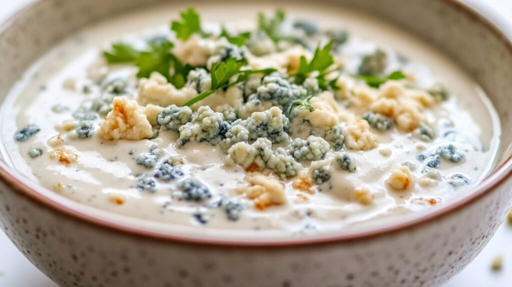 Bowl of homemade blue cheese dressing with fresh herbs and crumbles on top.