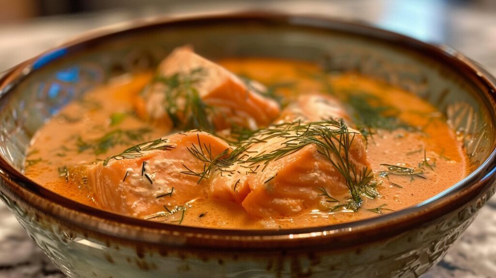 Bowl of creamy salmon soup garnished with dill