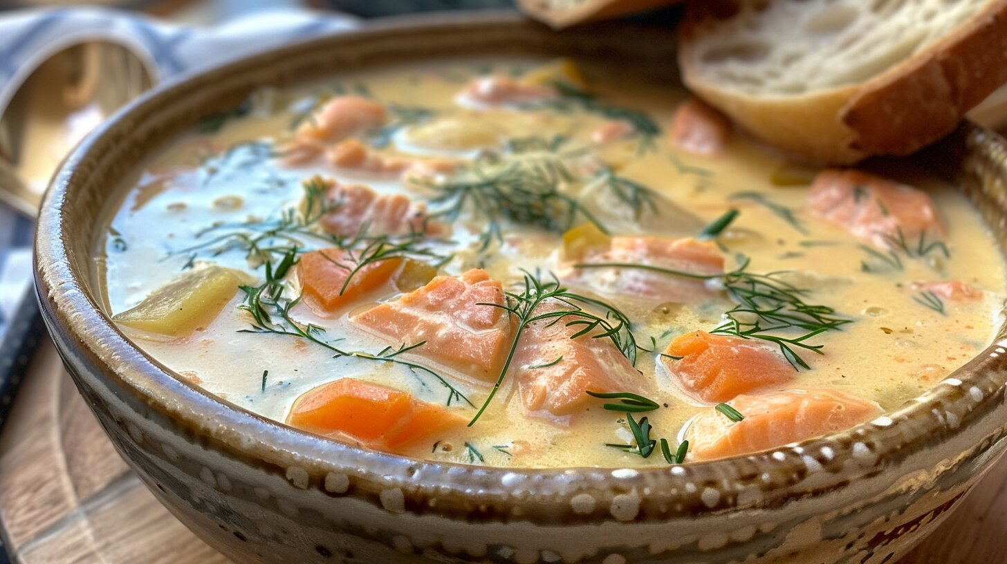 A bowl of creamy salmon soup garnished with dill and served with crusty bread.