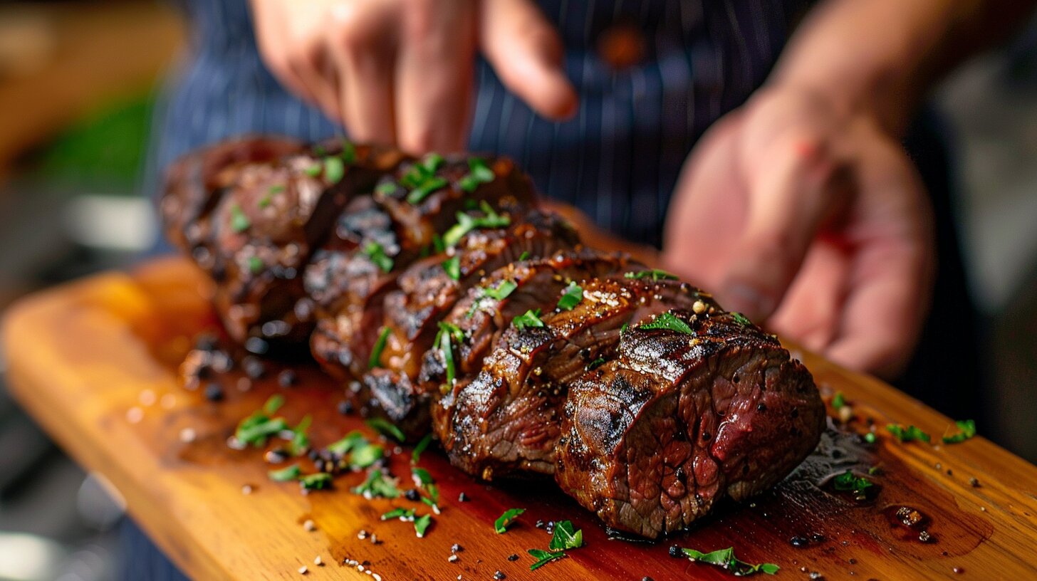 A chef holding fresh beef tenderloin trimmings on a wooden cutting board.