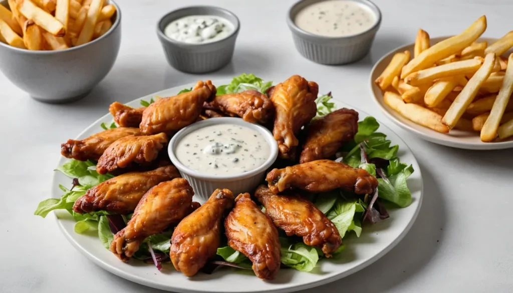 Outback Ranch dressing served with chicken wings, fries, and a fresh salad.