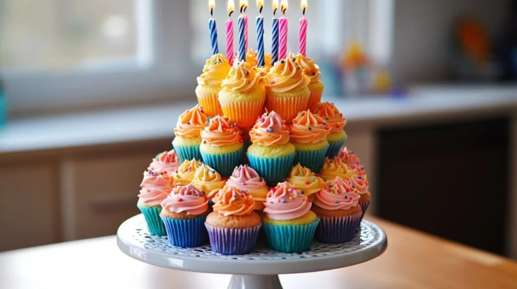 What Can You Have Instead of a Birthday Cake? Cupcake tower with candles and decorations.