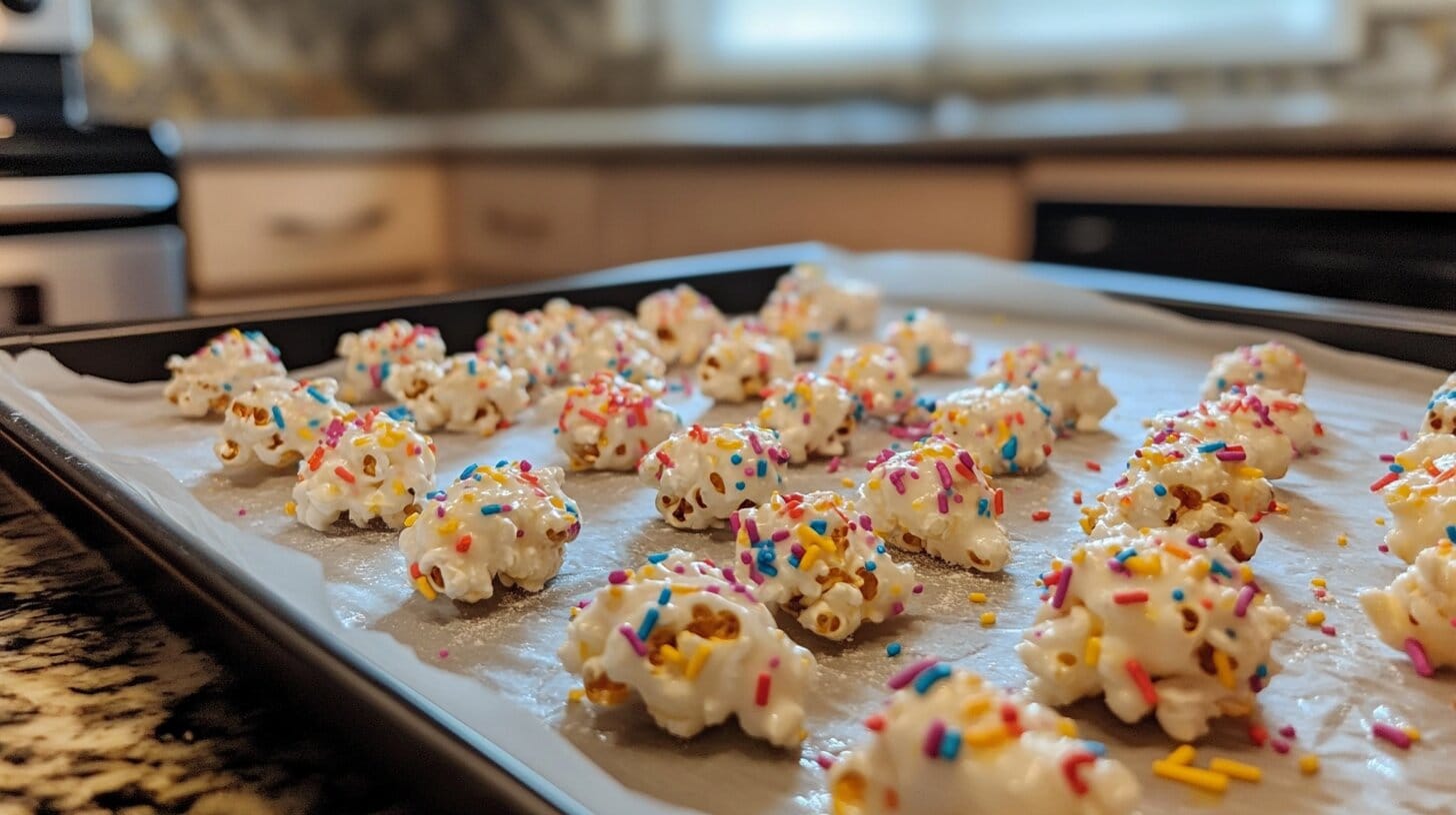 Homemade birthday cake popcorn cooling on parchment paper.