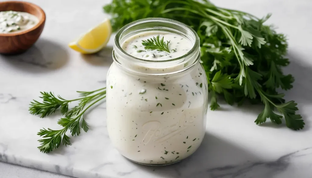 A homemade ranch dressing in a glass jar with fresh herbs around it.