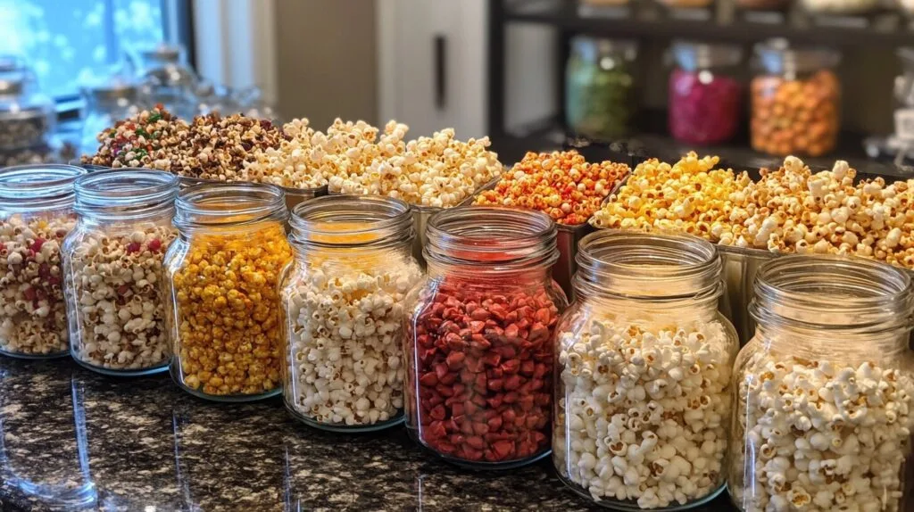 How Do You Serve Popcorn at a Party? DIY popcorn bar with glass jars and toppings.