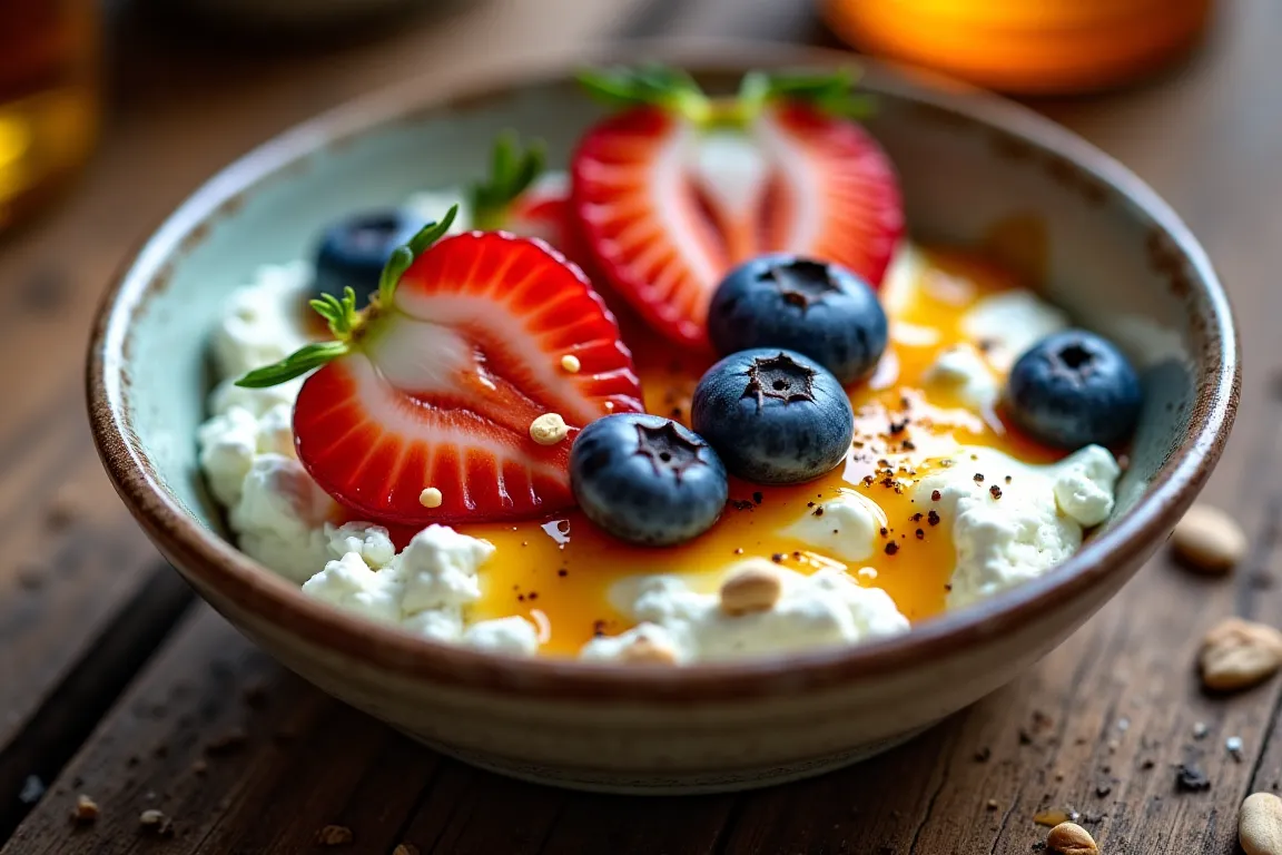 A bowl of cottage cheese with fresh fruit and honey drizzle