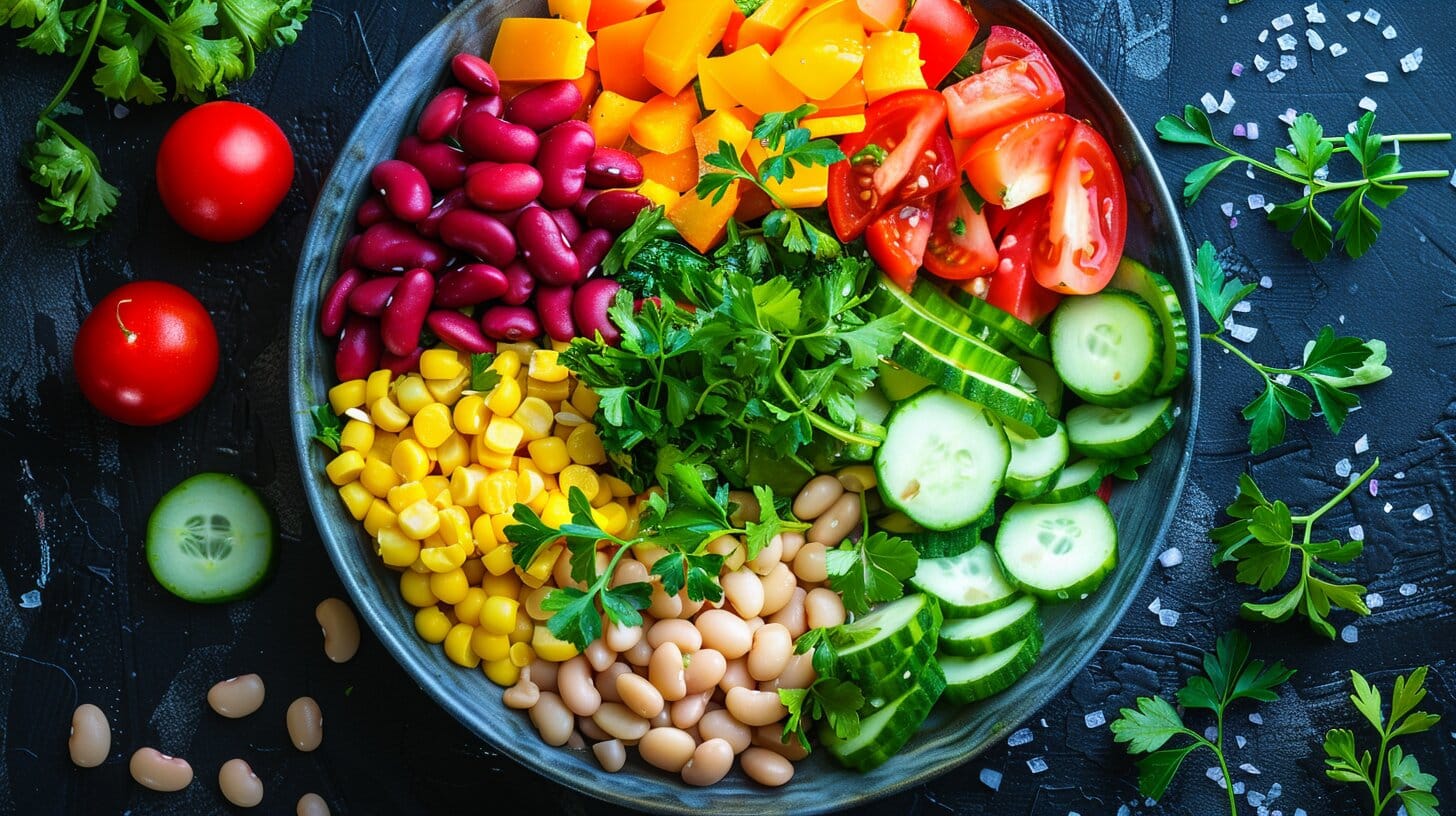 A vibrant dense bean salad featuring a mix of beans and vegetables.