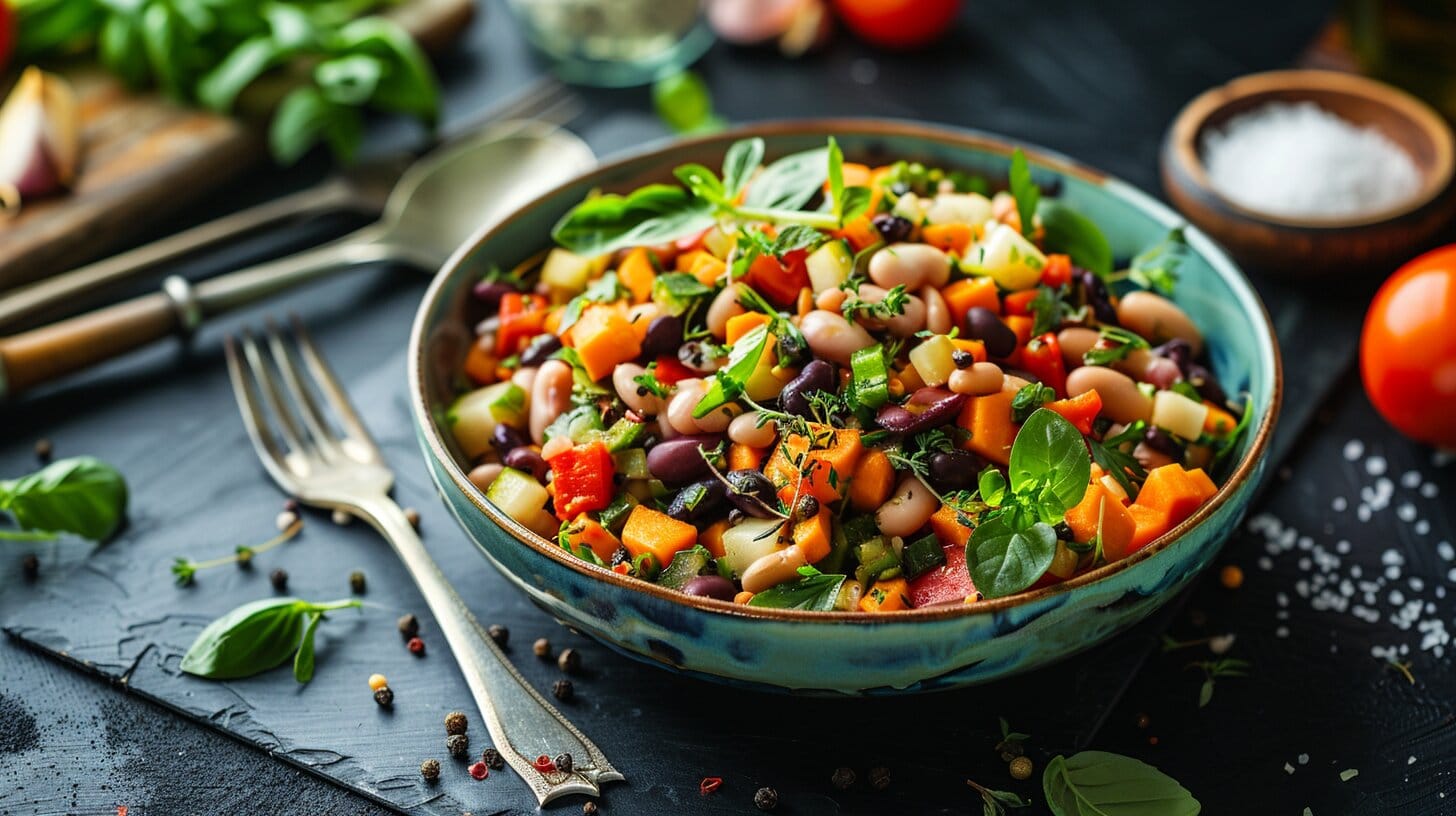 Dense bean salad with vegetables in a bowl.