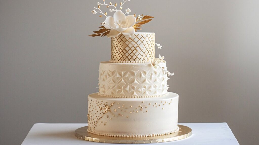 A three-tiered birthday cake with metallic gold accents, white fondant, and intricate geometric patterns