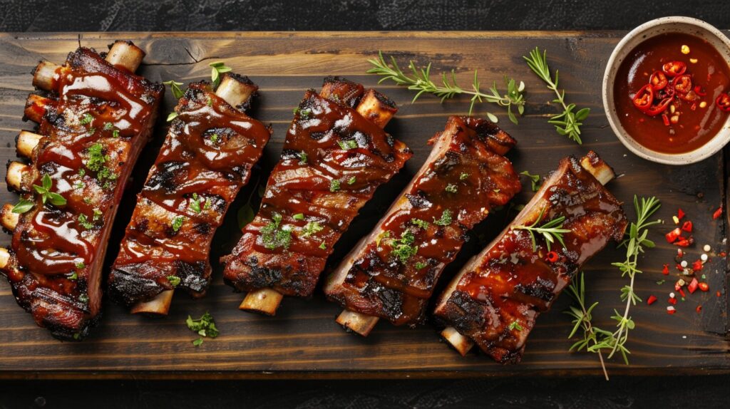 Ribs with sauce and rubs.