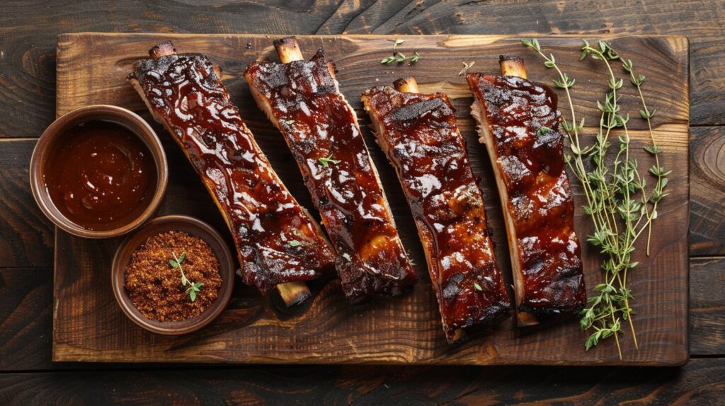 Ribs with sauce and rubs.