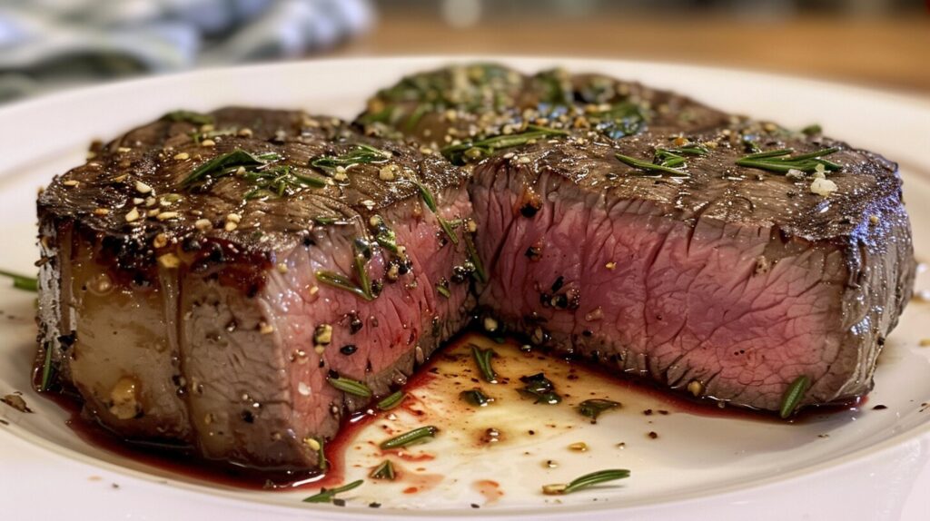 A perfectly cooked filet mignon steak on a white plate with garnish.