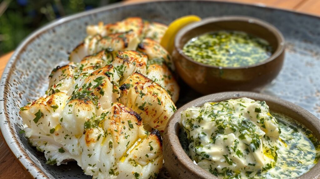 Garlic herb butter in a dish next to crab legs.