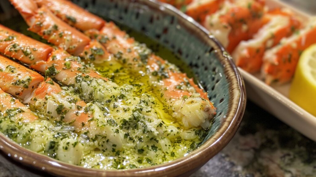 Garlic herb butter in a dish next to crab legs