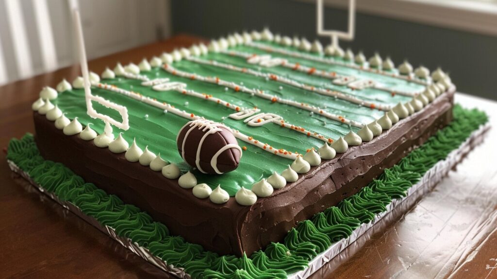 A football-themed birthday cake shaped like a football field with goalposts, surrounded by miniature fondant footballs.