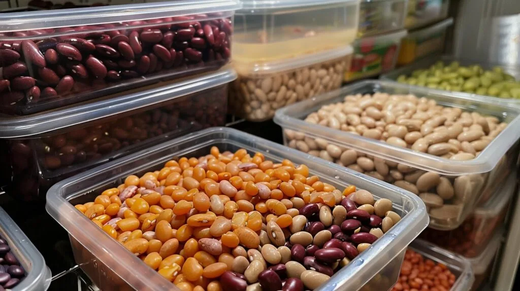 Cooked beans stored in freezer containers.