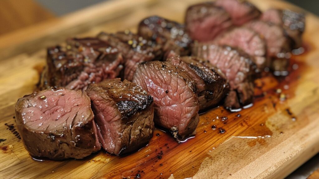 Fresh beef tenderloin tips on a wooden board.