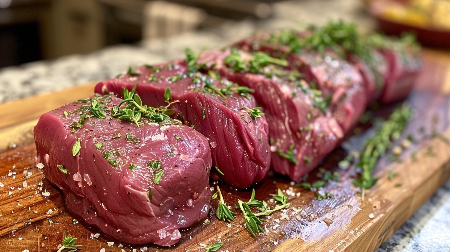 Raw beef tenderloin tips on a cutting board.