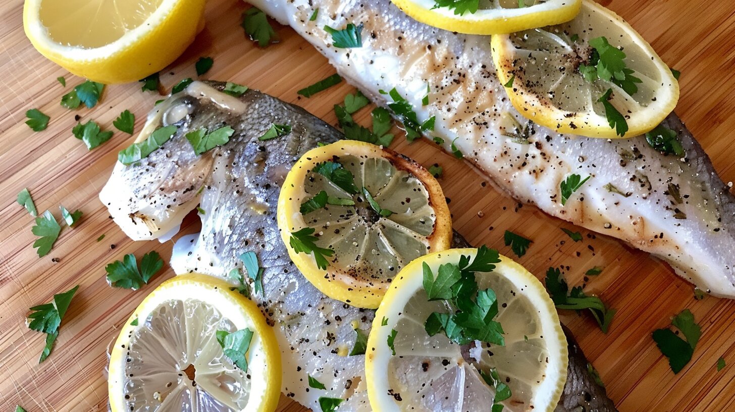 Fresh fish with lemon slices on a wooden cutting board