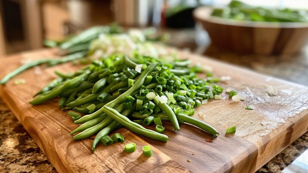 Fresh green beans on a wooden cutting board.